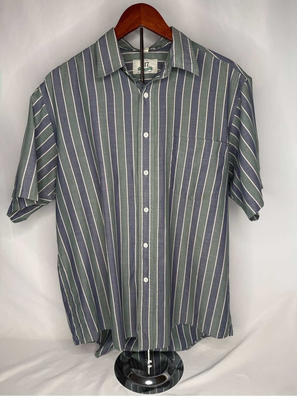 Van Heusen Slate Green and White Striped Short Sleeve Button-Down Shirt